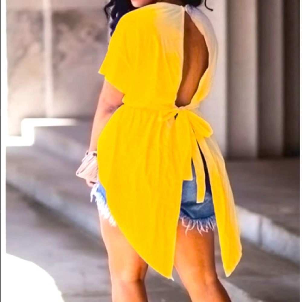 YELLOW drawstring open back cotton shirt.